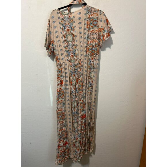Women Orange Blue Maxi Dress With Belt Tie Sz XL Flutter Sleeves Pullover - Picture 5 of 7